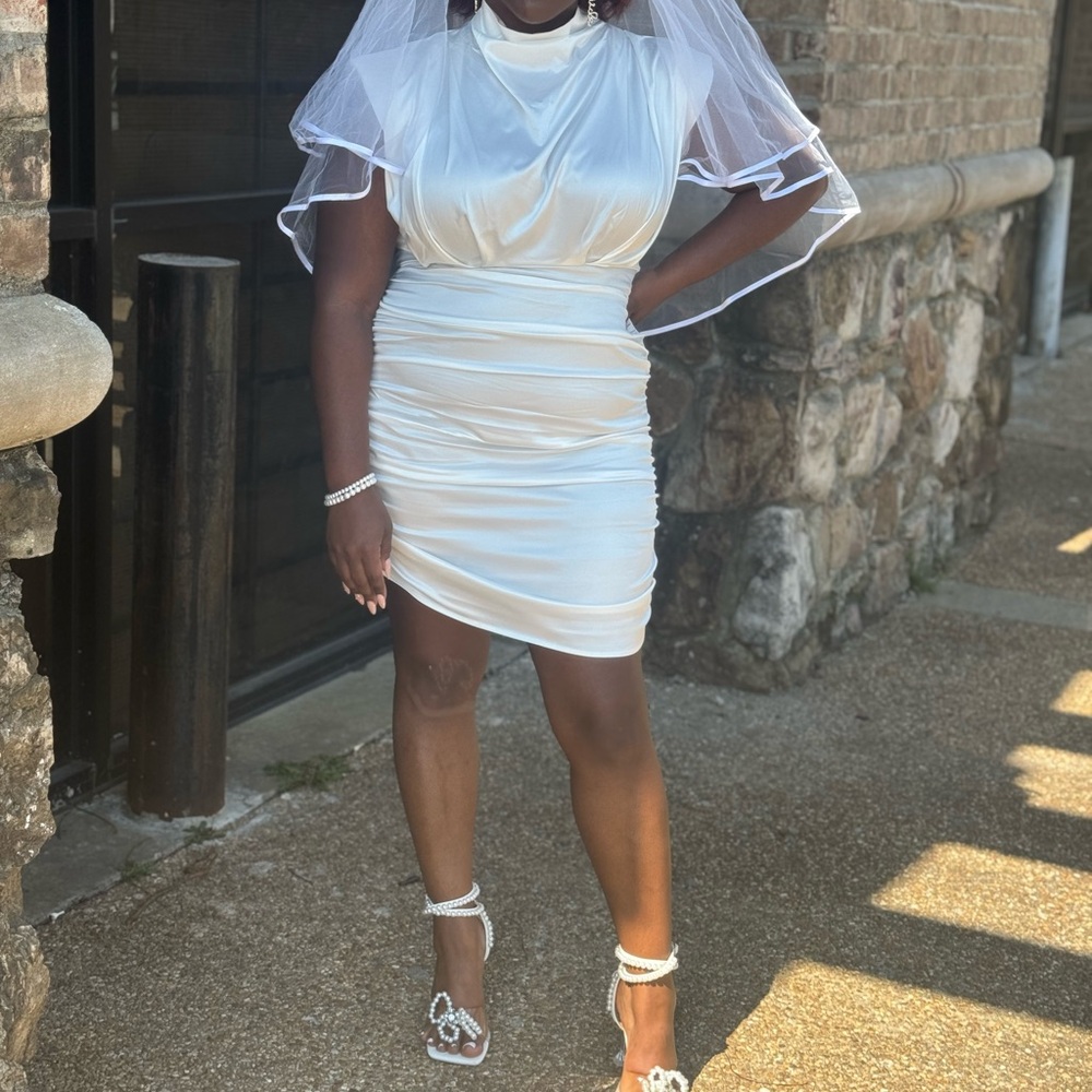 White Ruched Bodycon Wedding Dress with Mock Neck